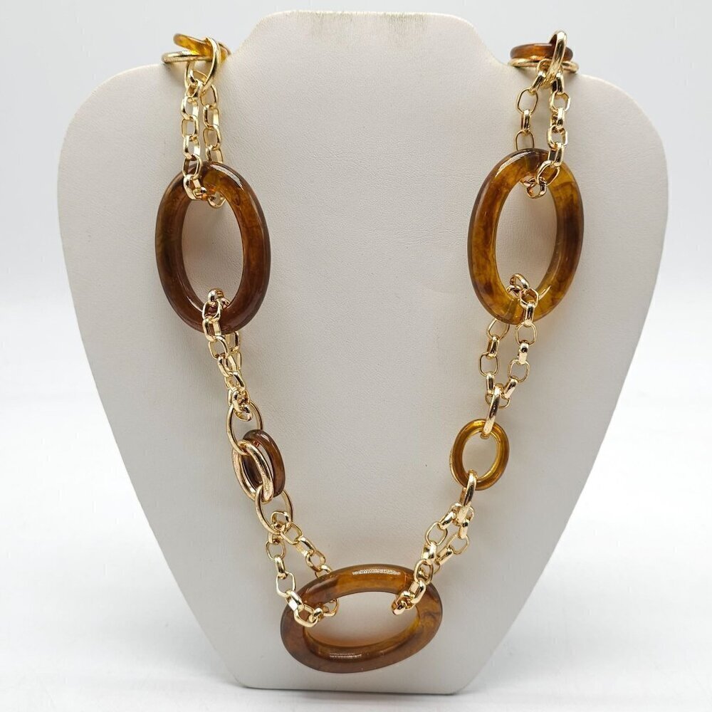 Vintage Gold Faux Tortoise Brown Link Chain Necklace With Oval Resin Accents